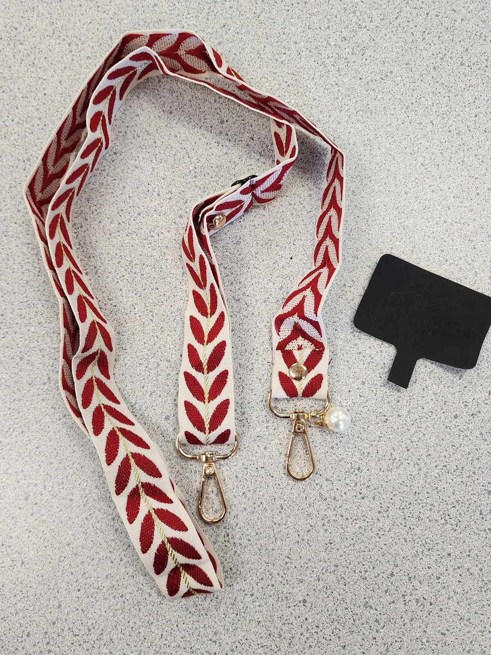 Red Embroidered Leaf Pattern Crossbody Phone Lanyard Adjust. Strap Pearl Charm